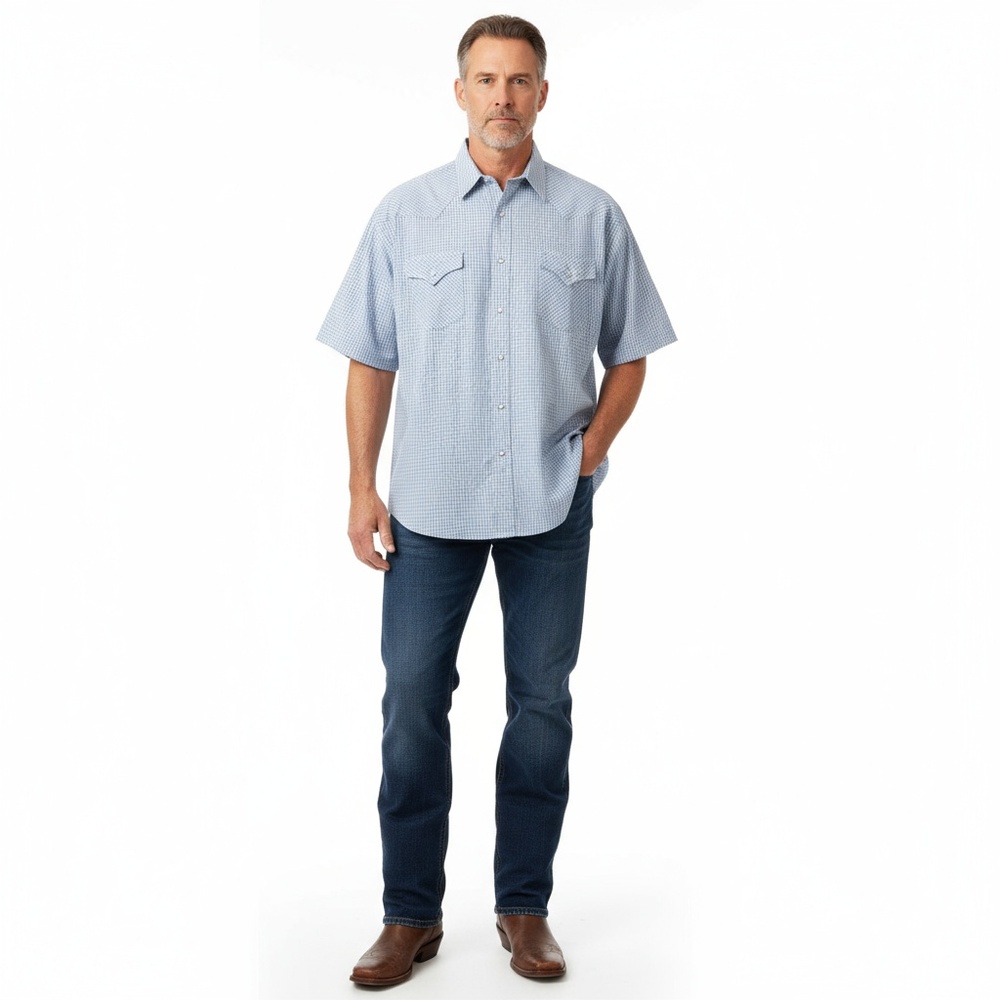 Plains Mens Western Shirt 2X Light Blue Grid Snap Button Short Sleeve